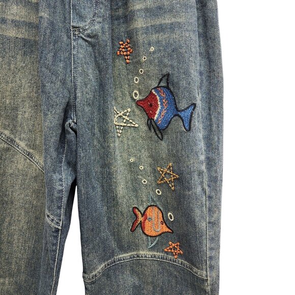 Vintage Denim Embroidered Fish Pattern Elastic Waist Cropped Pants Size S - Picture 5 of 8